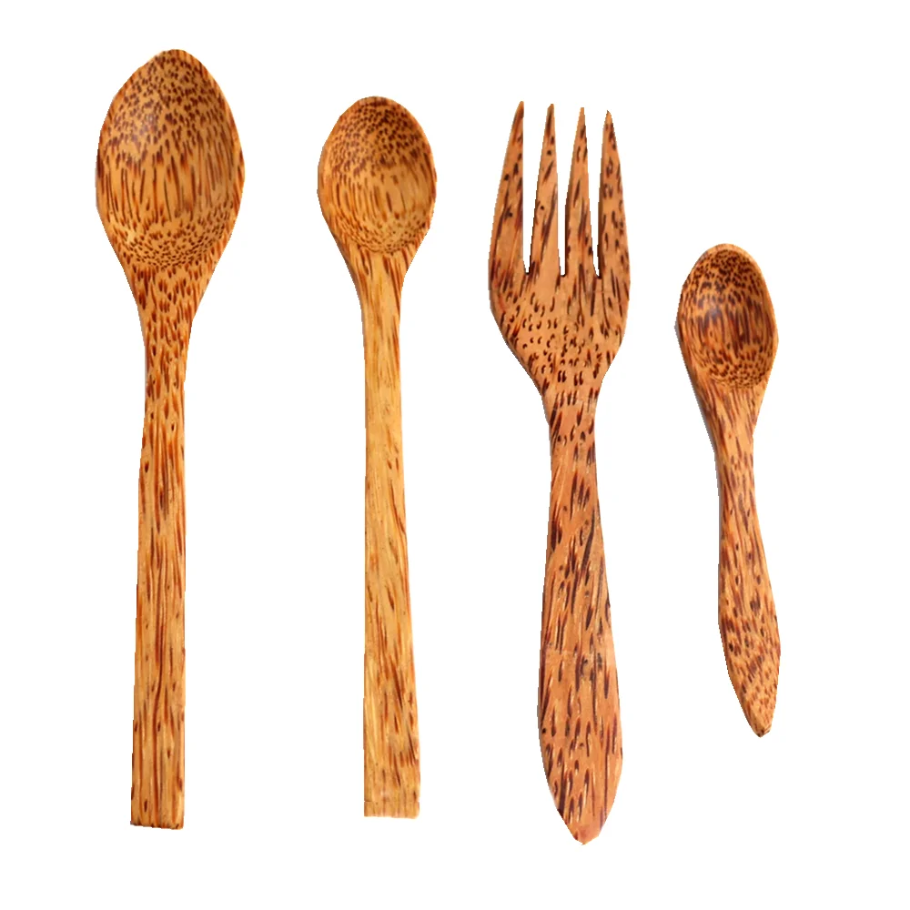 tableware set Органические кокосовые пальмовые деревянные столовые приборы натуральный бамбук Деревянные кокосовые вилки ложка палочки для еды миска из скорлупы кокоса столовые приборы - Цвет: tableware set