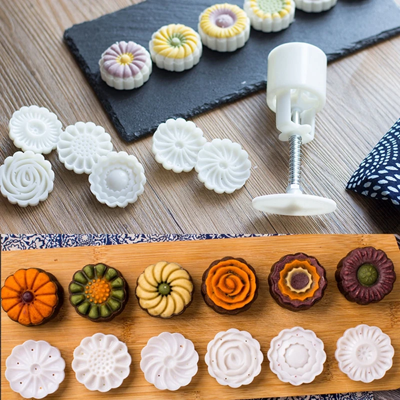 

6 Style 3D Rose Flower Mooncake Mold Hand Pressure Fondant Moon Cake Decoration Tools Cookie Cutter Pastry Baking Tool