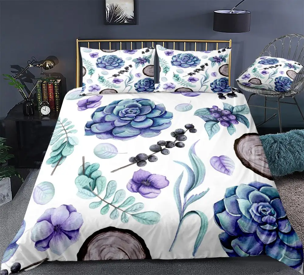 

Botanical Duvet Cover Set Succulent Violet Flowers and Wood Bed Set White Bedding Floral Quilt Cover Plant Queen Dropship