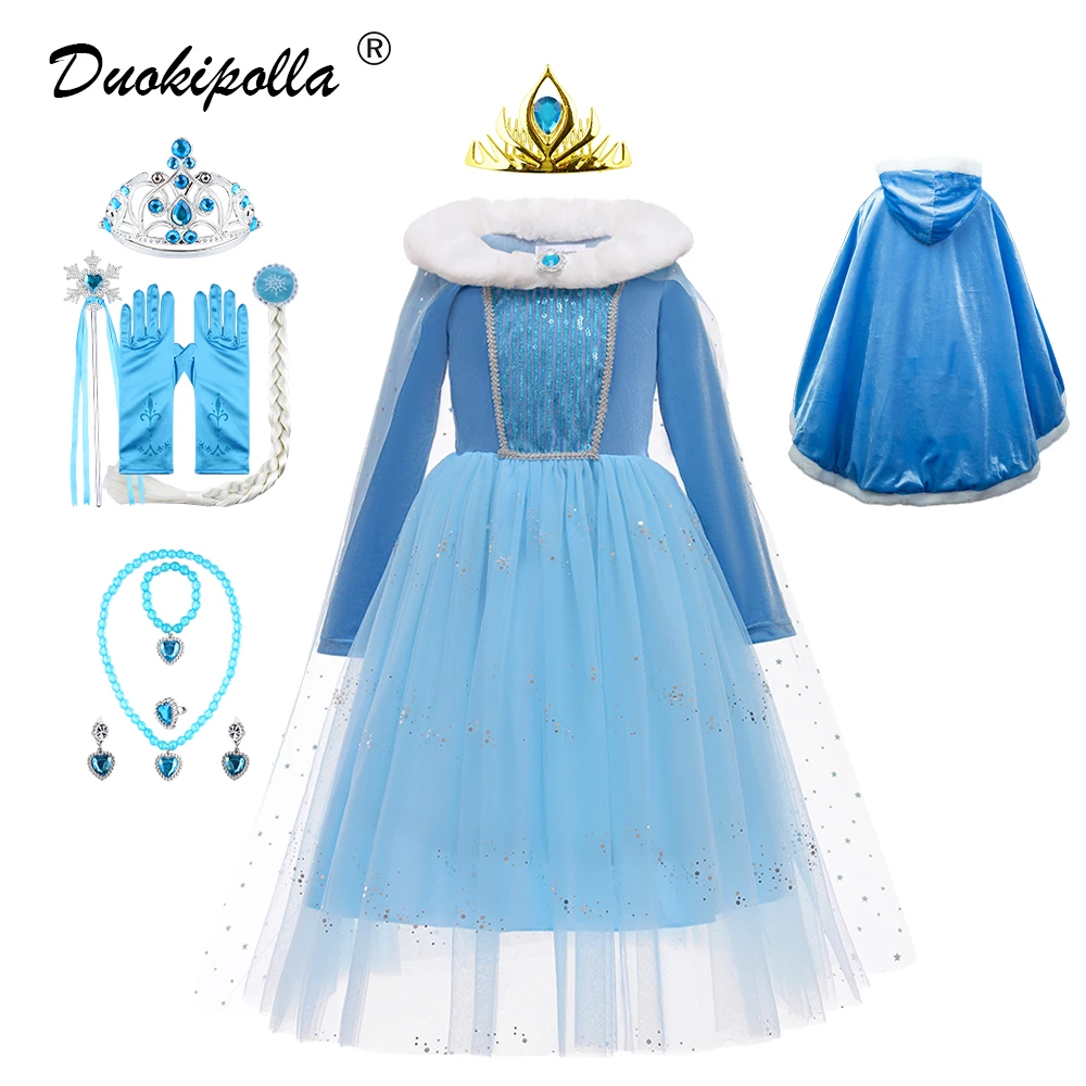 Frozen Halloween 2022 Warm Velvet Party Girls Elsa Dress 2022 Winter Halloween Carnival Child Princess Elza Costume Snow Queen Girl Fur Collar Clothes Aliexpress