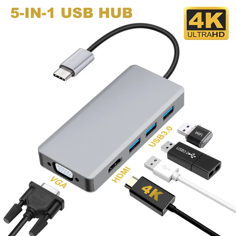 

USB C HUB 5-IN-1 cable Type-c to HDMI 4K VGA USB3.0x3 Hub Portable Adapter for Macbook Pro laptop display
