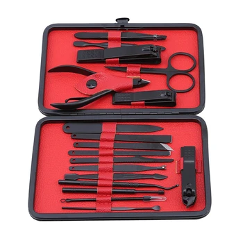 

18pcs With Black PU Leather Case Manicure Set Nail Clipper Kit Pedicure Care Tools Black Men Grooming Kit
