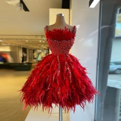 Red Luxury Fashion Short Party Dress Sleeveless Feathers Beaded Sequins Sparkly Ball Gown Women Cocktail Night Gowns Custom Made