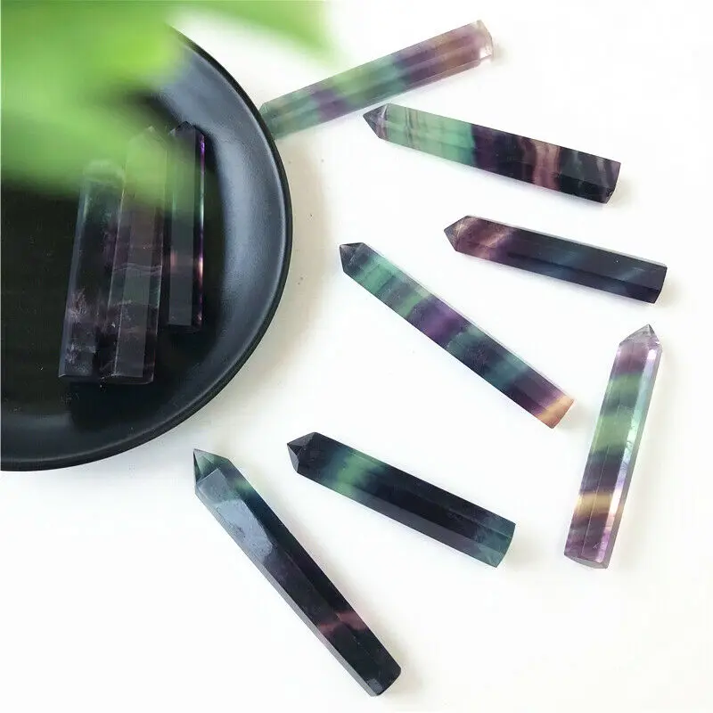 60-80mm Natural Rainbow Fluorite Quartz Crystal Point Healing Hexagonal Wand Natural Stones and Minerals