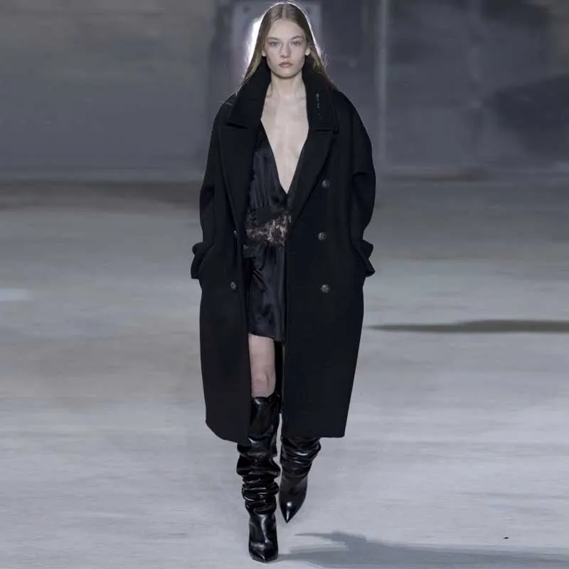

Coat Female 2019 Autumn Winter Women Simple Oversize Double breasted Pocket Wool Long Coat Solid Female Outerwear Cashmere Coat