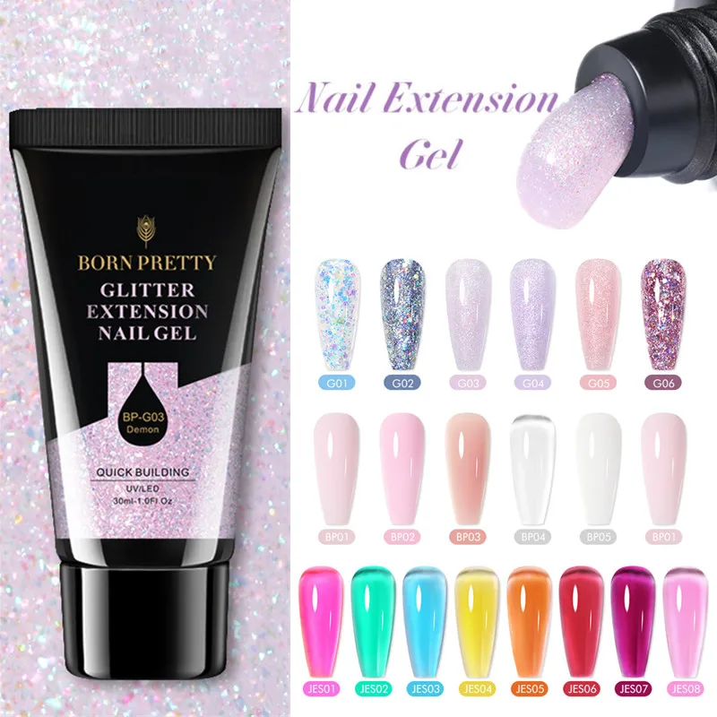 BORN PRETTY 30/20ml Glitter Acrylic Gel Finger Extension Silver Pink Extension Gel Soak Off Nail Art Gel Varnish