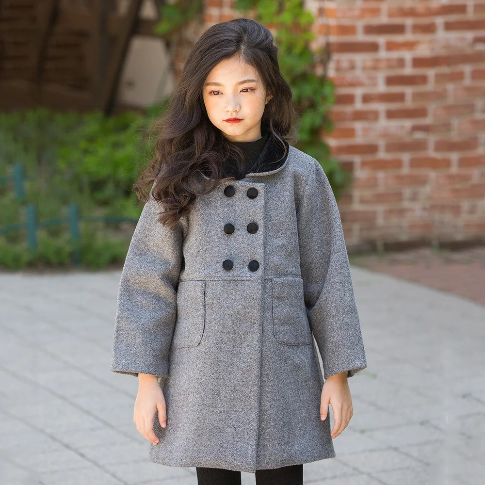 

Girls Woolen Winter 2019 New Style Big Boy Korean-style Kids' Coat Double Breasted Padded Tops