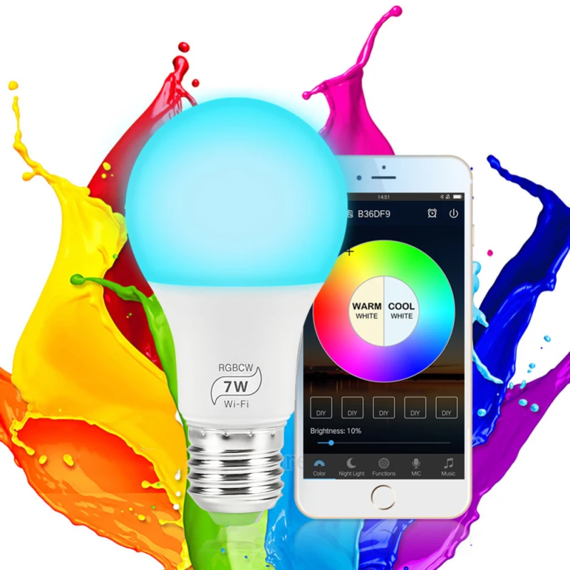 New Wireless Smart WiFi Light Bulb Led Lamp 7W RGB E27 Wake-Up Warm Lights Work with Alexa Google Home Lights 1pcs