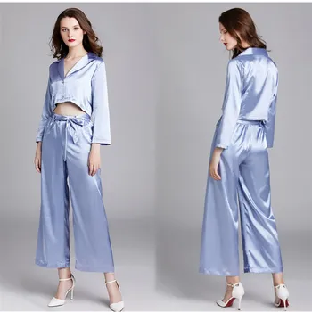 

Sexy Women Pajamas Sets Mujer Sleepwear Set Lady Silk Sleepwear Bule Pink Silk Nightgown Home Clothes Sleep Tops Christmas Gift