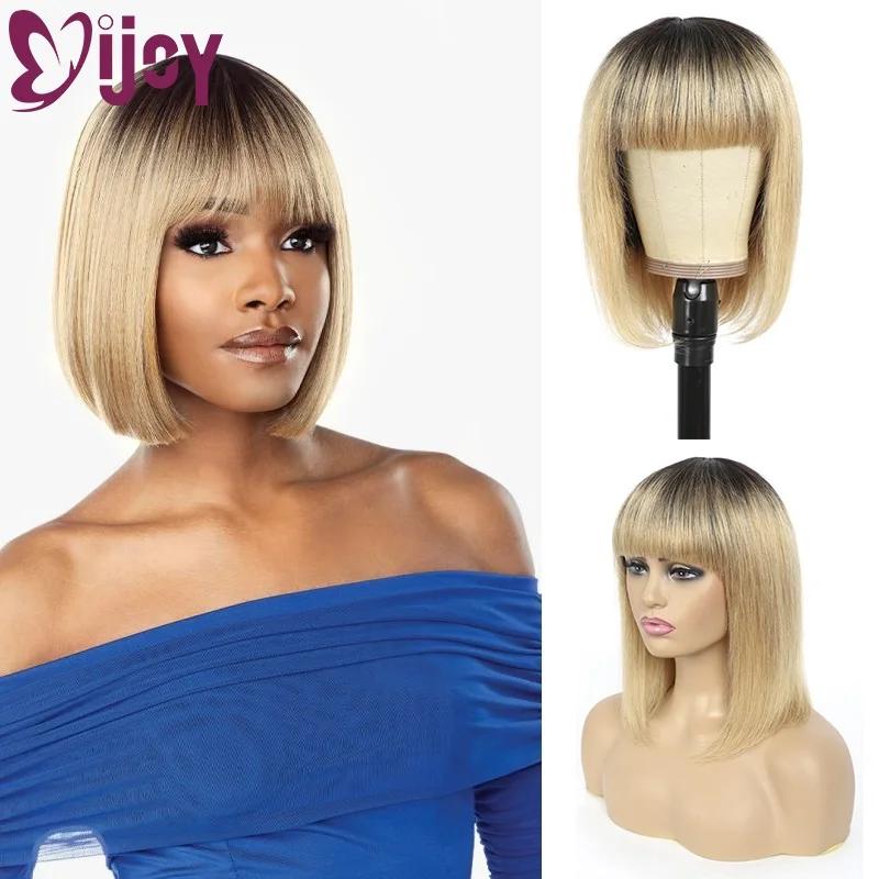 Human-Hair-Wigs Bangs Honey-Blonde IJOY Brazilian Short Bob Non-Remy-Hair Full-Machine