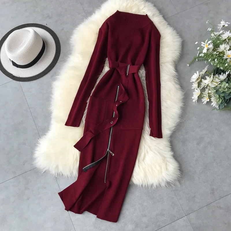 wine red Модный тонкий осенне-зимний облегающий бандаж вязаный свитер миди Повседневное платье-карандаш вечерние женские с длинным рукавом сплит Vestidos - Цвет: wine red