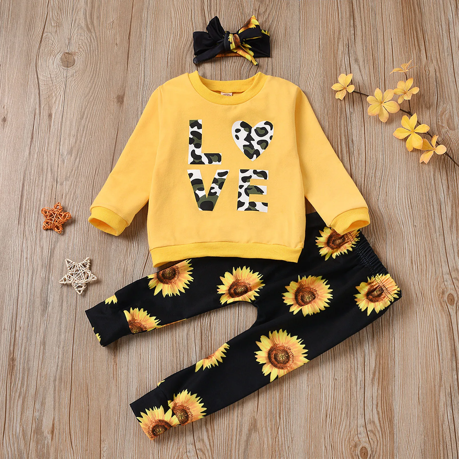 

0-5Years Autumn And Winter Baby Long Sleeve Letter Print Tops Sunflower Pants Headband Outfits ropa para bebe de 6 a 9 meses M4