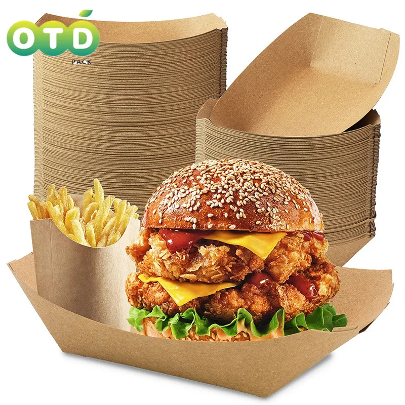 Disposable Containers 50pcs/Pack Heavy Duty Disposable Kraft Brown Paper Food Trays Grease Resistant Fast Food Snack Boat Parties Fairs