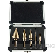 5pc Inch Aluminum Boxed Roasted Yellow Triangle Handle Step Drill Pagoda Drill Woodworking Hole Opener Set Machine Tools 5pc Inch Aluminum Boxed Roasted Yellow Triangle Handle Step Drill Pagoda Drill Woodworking Hole Opener Set Machine Tools