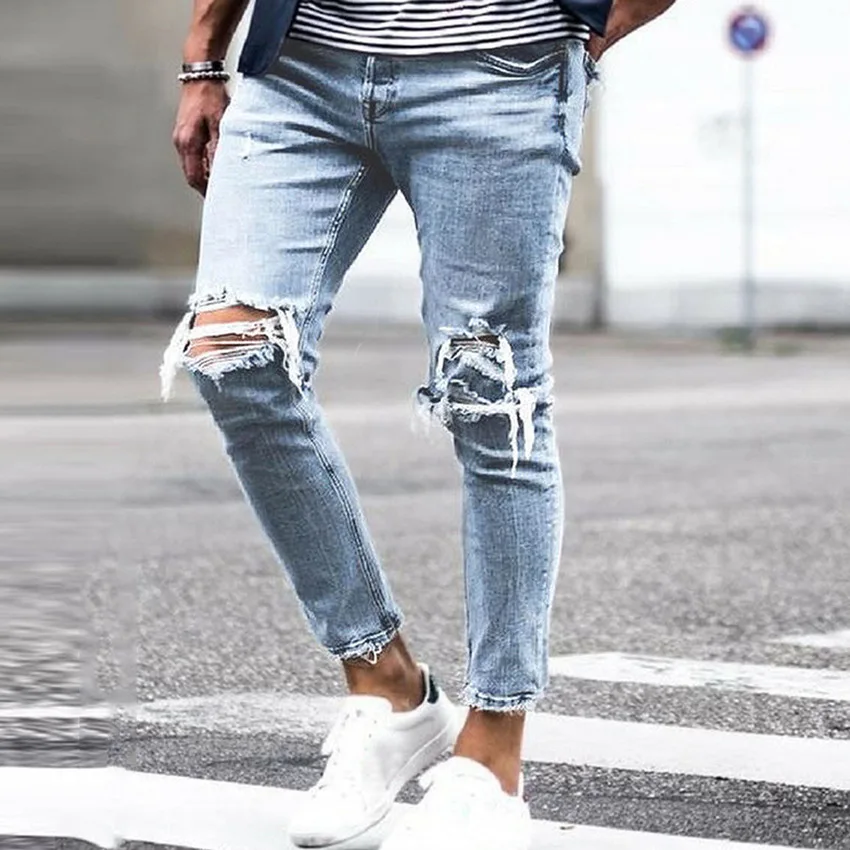 Ozhouzhan MEN'S Jeans New Style With Holes Europe And America Hot Selling MEN'S Trousers Men's Skinny Pants
