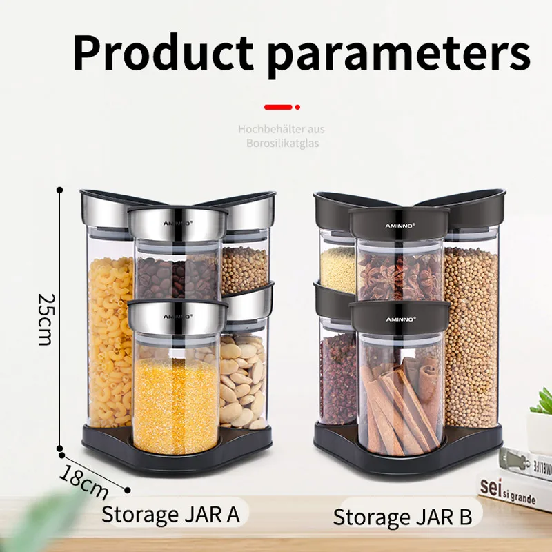 AMINNO Kitchen Food Storage Organizer Containers Stack 5 Glass Bottles Sealed Lid Rotatable Rack 380mlx2 570mlx2 850mlx1 | Дом и сад