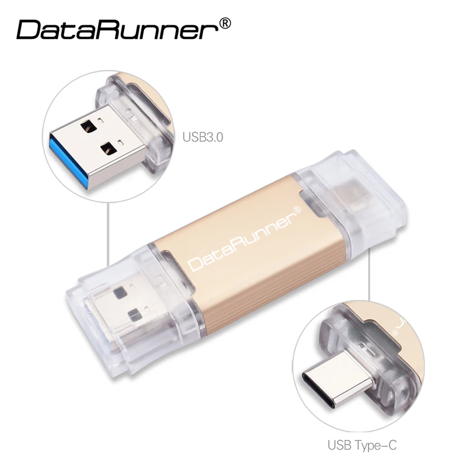 USB флеш-накопитель DataRunner 3,0, USB флеш-накопитель TYPE-C, 512 ГБ, 256 ГБ, 128 ГБ, 64 ГБ, 32 ГБ, USB флешка 3,0 OTG, флешка для Android/PC - Цвет: Золотой