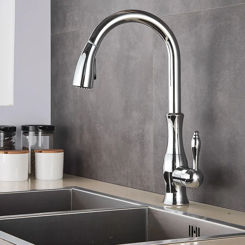 Golden Kitchen Faucets Pull Out Mixer Sink Tap 360 Rotation Single Handle Water 2-way Sprayer Mixer Tap