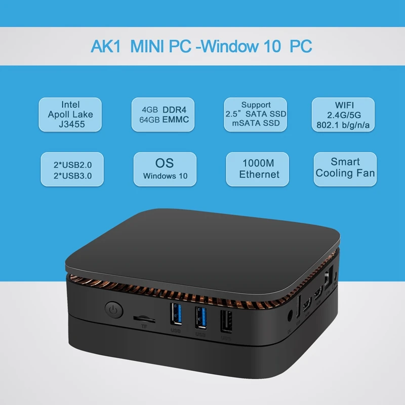 Ak1 Мини ПК Windows 10 Мини компьютер безвентиляторный ПК 4 Гб ОЗУ 64 Гб Intel J3455 Htpc офисный ПК Hdmi Wifi 4 к Usb3.0
