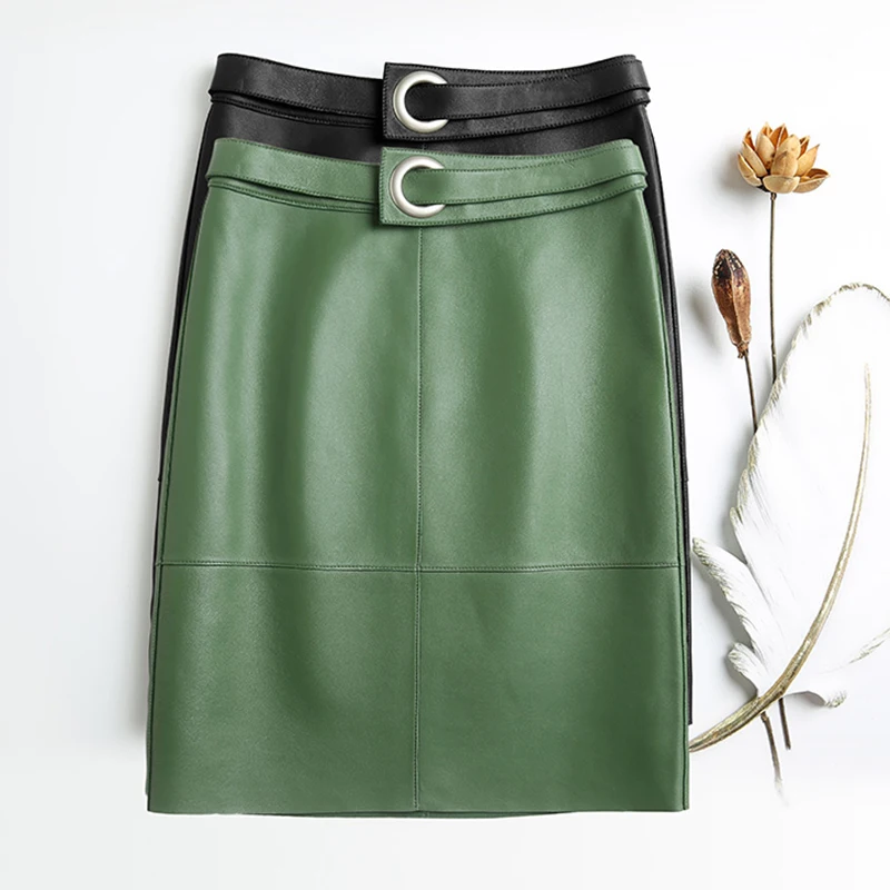 

Midi high waist plaid skirt women 2019 new fashion green and black solid sheepskin leather skirts for office Korean skirt