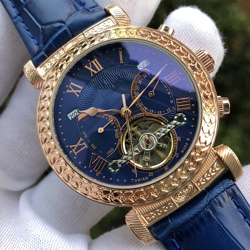 

Fashion AAA Leather Mens PP SKY MOON Tourbillon Designer Engraving Case Automatic Watch Men top brand Luxury Wristwatch Watches