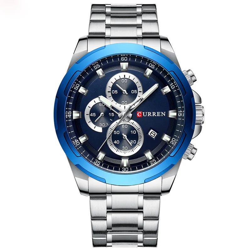 silver blue Relogio Masculino CURREN Топ Брендовые Часы Для мужчин спортивные роскошные Для мужчин, мужские часы, Водонепроницаемый Нержавеющая сталь наручные часы Мода кварц часы - Цвет: silver blue