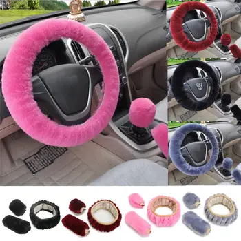 

3Pcs Soft Plush Spring Steering Wheel Cover Kit With Stop Lever+Hand Brake Wool Cover Winter Warm Auto Car Interior Accessory