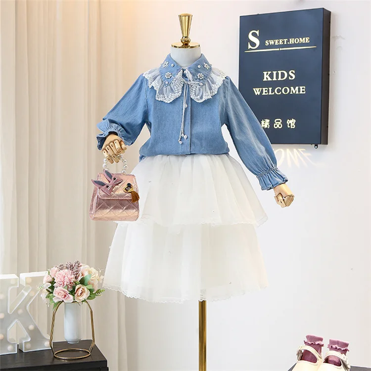 

5415 Lace Embroidery Princess 2020 New Spring Easter Day Baby Girl Clothing Set Outwear Top Jacket coat +Dress Wholesale Clothes