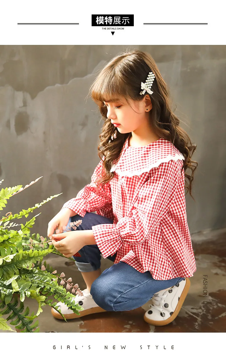 Girls Clothing Sets Spring Autumn Plaid Blouse+ Jean Denim Pants Kids Children Clothes Suit