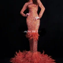 Высокая мода блестящие стразы перо платье полный камни длинный хвост платье для женщин вечернее платье на Выпускной День рождения Празднование