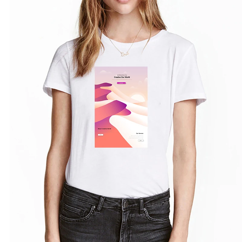 Рисунок футболка с принтом гор женская Свободная белая коротким рукавом и