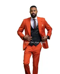 3Pcs Orange Jacket Pants Black Vest Custom Made Peak Lapel Blazer Trousers Men Suits Set Wedding Party Wear Coat+Pants+Waistcoat