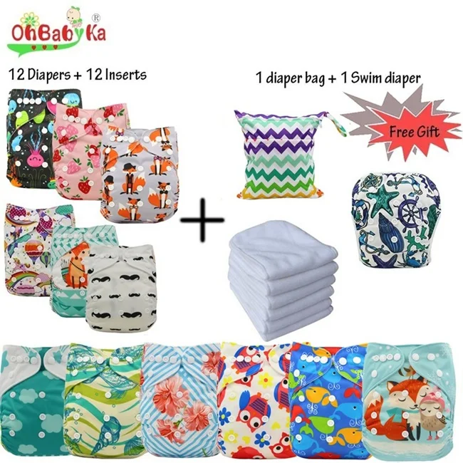 6 Ohbabyka Многоразовые Детские карманные тканевые моющиеся подгузники регулируемые подгузники 12 шт.+ 12 шт. вставки из микрофибры+ 1 бесплатный подгузник сумка - Цвет: 6