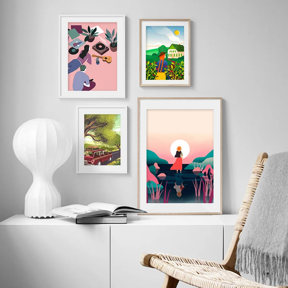 Man-Car-Girl-House-Sunset-Abstract-Travel-Nordic-Posters-And-Prints-Wall-Art-Canvas-Painting-Wall (1)