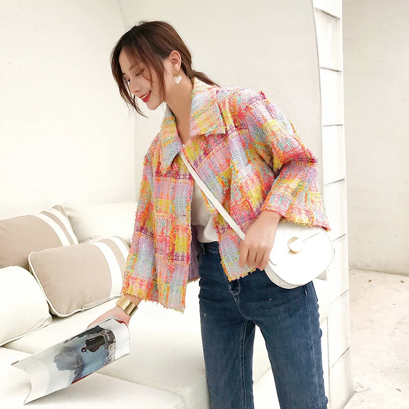 Best 2019 autumn female brand design colorful plaid double breasted tweed coats loose mixed color knitte