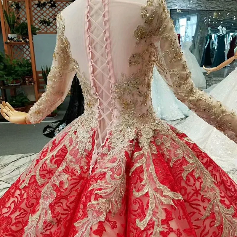 LS851101 красное платье в форме кривой для невесты свадебное с золотым кружевом и