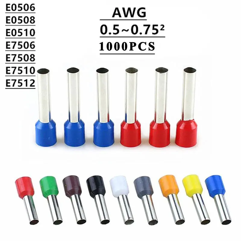 1000pcs E0506 E0508  E0510 E7506  E7508  Insulated Ferrules Terminal Block Cord End Wire Connector 0.5~0.75mm2,Crimp Terminator e4012 1000pcs pack insulated cord end terminal crimp terminal wire connector crimp ferrules crimping terminals tubular awg 12