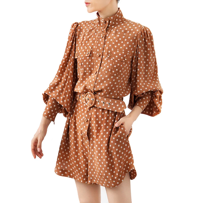 TWOTWINSTYLE комбинезон в горошек для женщин, стоячий воротник, фонарь, длинный рукав, высокая талия, пояс, женский комбинезон,, модный, Осенний