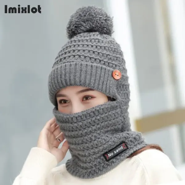 Gray Зимние вязаные шапочки шапки женские толстые теплые шапочки Skullies шапка женская помпон Кнопка капот Шапочки Шапки уличные наборы для езды на велосипеде - Цвет: Gray