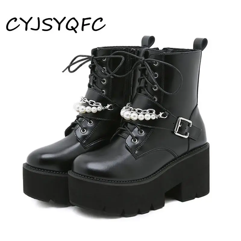 

CYJSYQFC Sexy Pearl Chain Autumn Boots Women Platform Ankle Boots Black Leather Punk Goth Style Combat Boots Female Short Boots