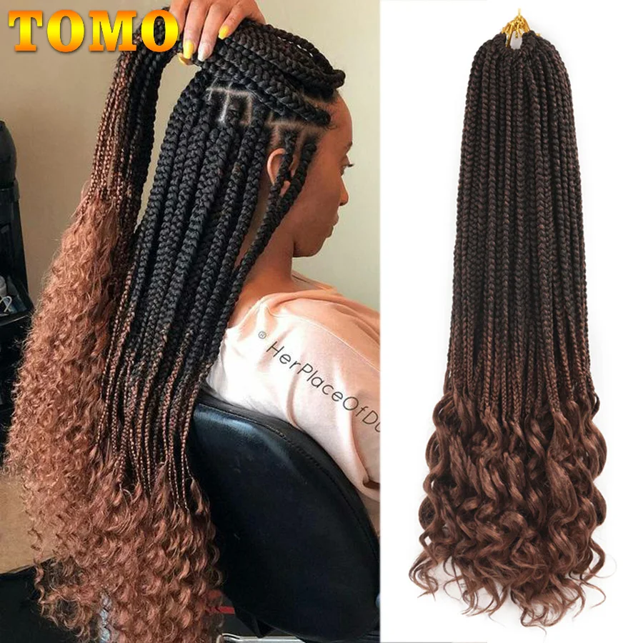 TOMO 22 Strands Curly Box Braids Crochet Hair 14" 18" 24" Ombre Synthetic Braiding Hair Extension Heat Fiber Bulk Brown Blonde
