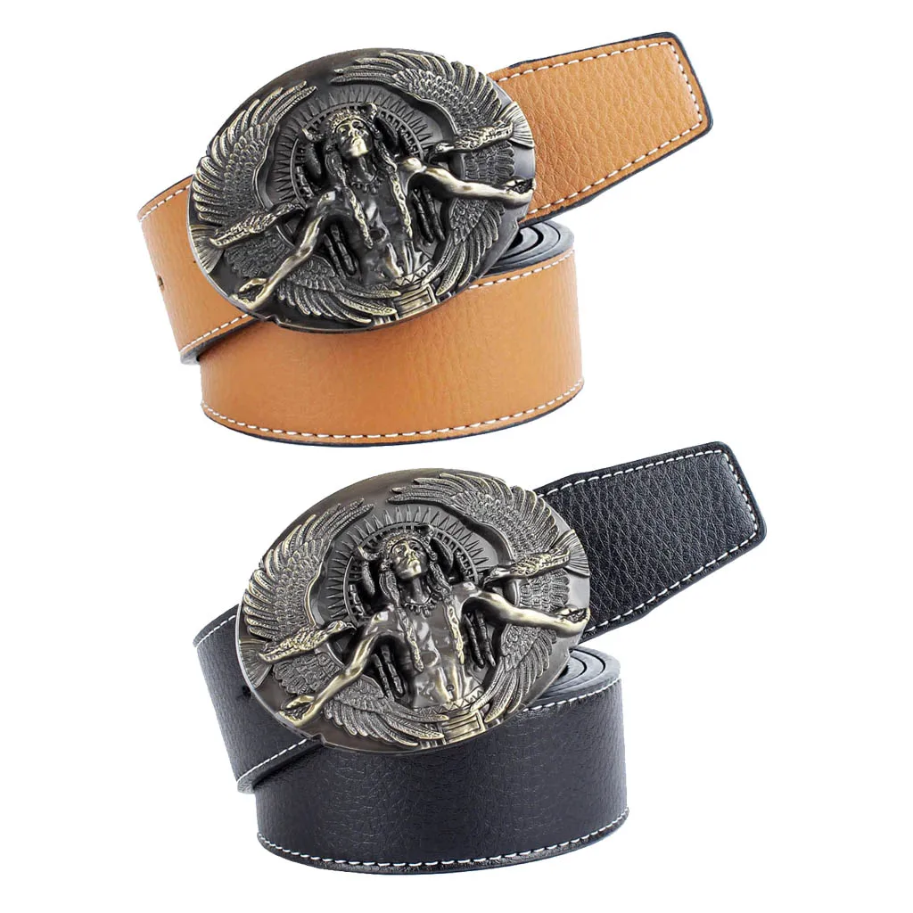 Luxury Native  Chief Tribe Leader Oval Shape Buckle Fiber Leather Belt Cowboy Waist Belt