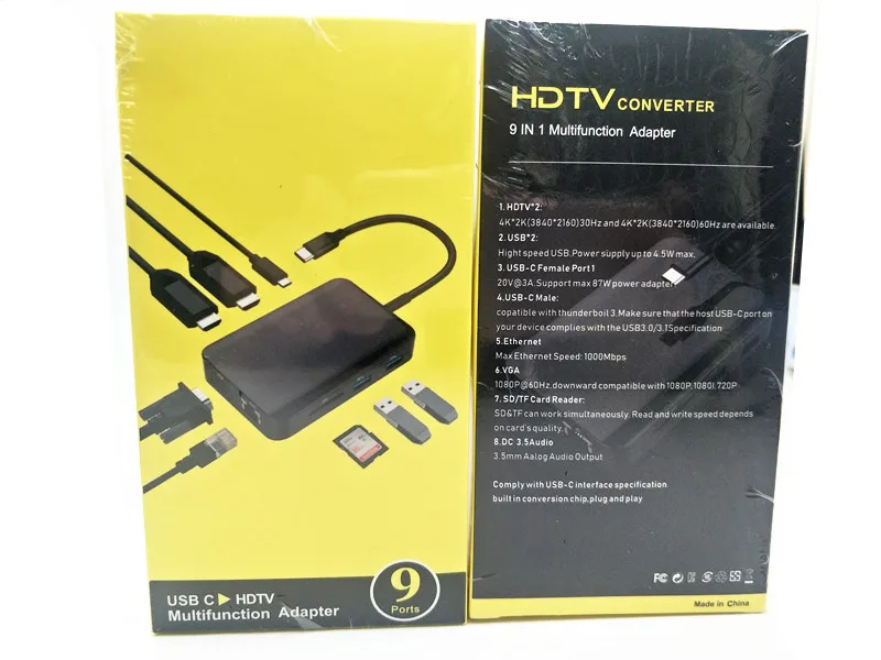 USB C концентратор 9 в 1 Тип C к HDMI 2 VGA USB-C PD SD RJ45 3,5 аудио USB 3,0 порт кардридер адаптер