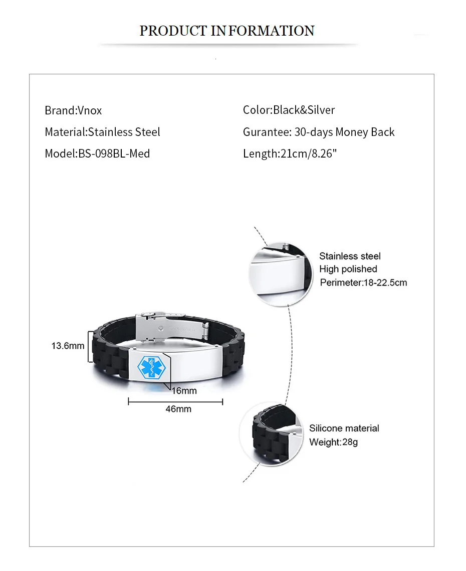 Vnox, мягкий, комфортный, износостойкий, силиконовый браслет для мужчин, персональный, медицинский, браслет из нержавеющей стали, идентификационная бирка, аутизм, аварийное напоминание
