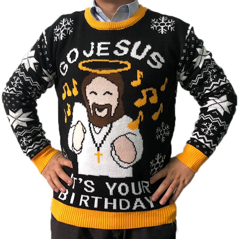 

2020 New Style Men And Women-Autumn & Winter Pullover Long-sleeve Knitwear Christmas Jesus Jacquard Sweater Men And Women-