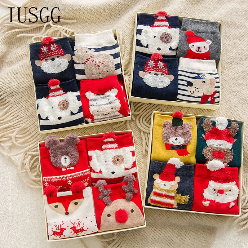 4 пары, рождественские хлопковые носки г. Коробка для рождественских подарков, милые носки с Санта-Клаусом и оленем теплые женские Носки с рисунком снежинок