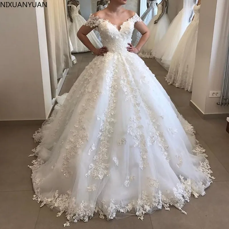 

Пышное Бальное Платье с открытыми плечами, свадебное платье из тюля с аппликацией и V-образным вырезом, кружевное свадебное платье с открытой спиной, Robe De Mariee