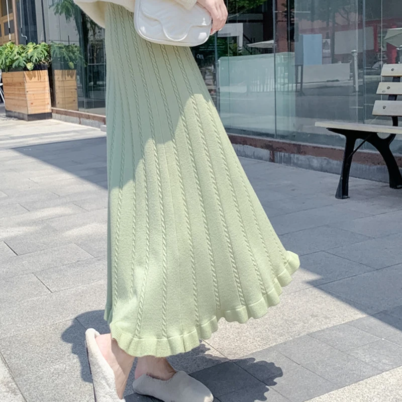 Модные женские плиссированные зимние юбки свитер длинная Пышная юбка jupe зеленый черный серый абрикосовый вязаный женские длинные юбки осень faldas