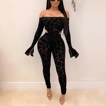 

Women Sexy Sheath Velvet Bodysuit Jumpsuits Legging Sets Long Sleeve Slash Neck Off Shoulder Jumpsuits Rompers
