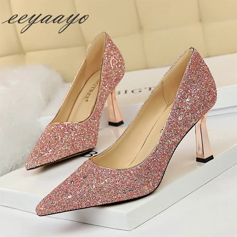 Pink Г., новые весенние женские туфли-лодочки блестящие свадебные женские туфли на металлическом каблуке 7,5 см с острым носком пикантные женские туфли на высоком каблуке цвета шампанского - Цвет: Pink